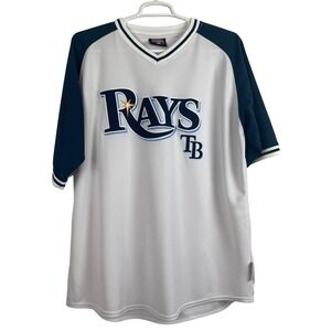 00644 Tampa Bay Rays‎ MLB Baseball Jersey 2XL White Navy Blue Stitches Preowned